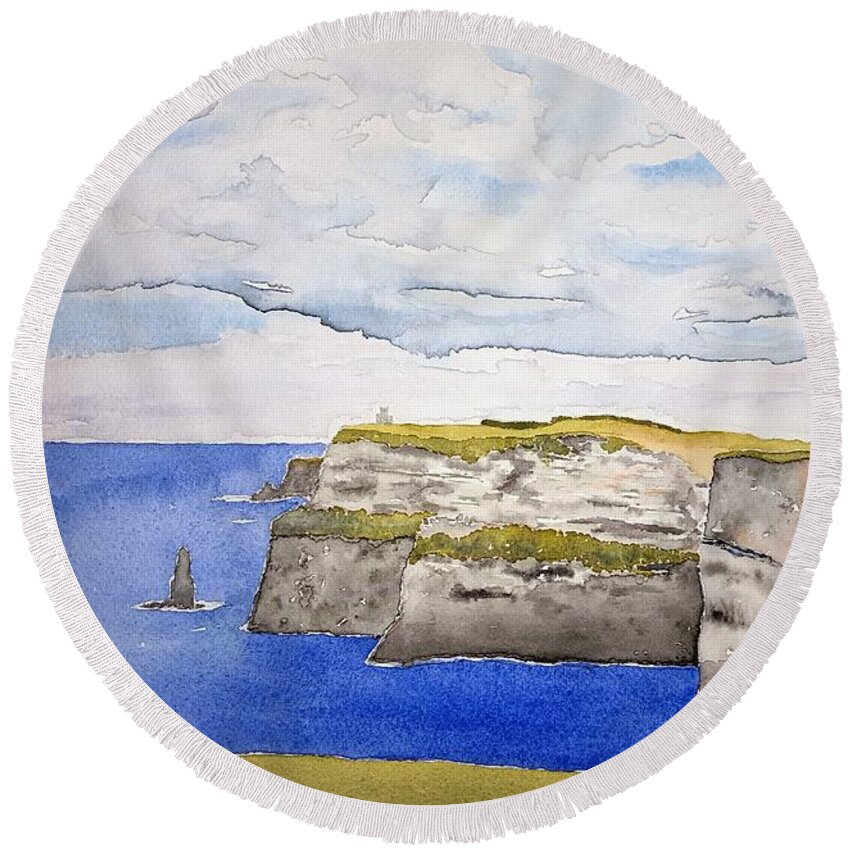 Watercolor Round Beach Towel featuring the painting Cliffs of Moher by John Klobucher