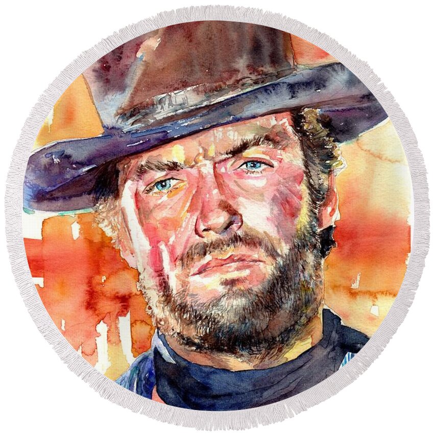 Clint Round Beach Towel featuring the painting Clint Eastwood Watercolor by Suzann Sines