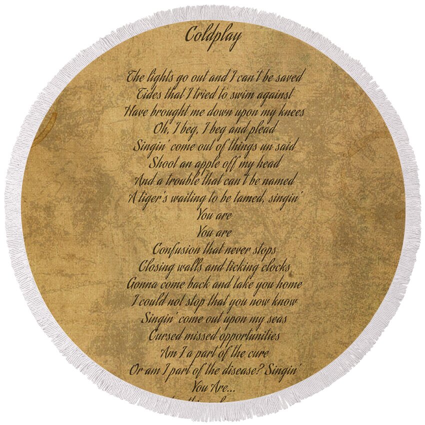 Clocks by Coldplay Vintage Lyrics on Parchment Round Beach Towel by Turnpike - Merch