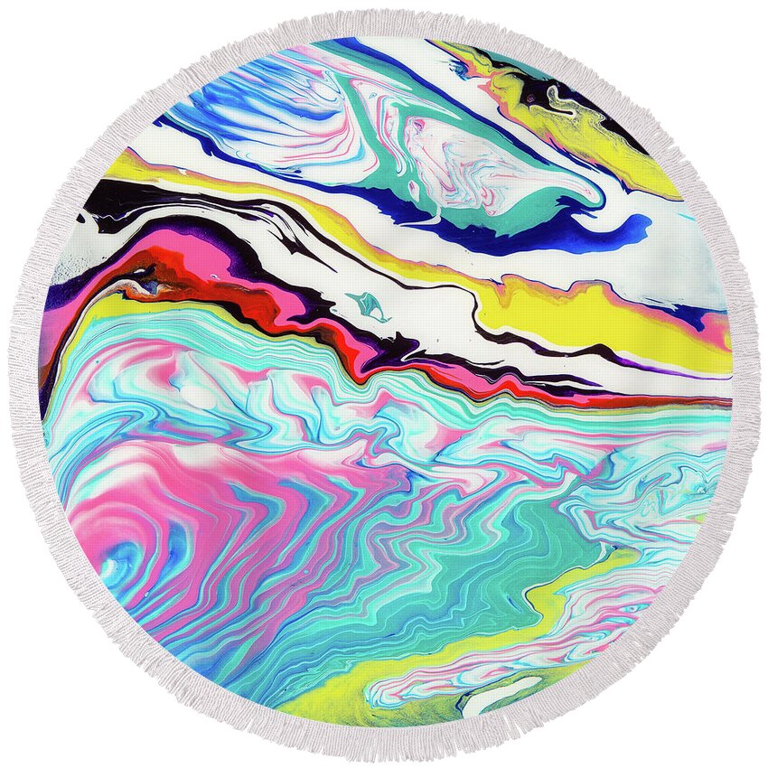 Abstract Round Beach Towel featuring the digital art Clorfla - Colorful Flowing Liquid Marble Abstract Contemporary Acrylic Painting by Sambel Pedes