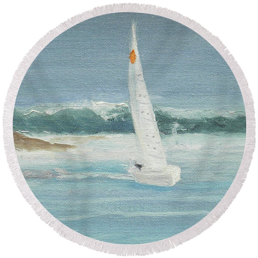 Sail Boat Ocean Wave Sea Seascape Round Beach Towel featuring the painting Close Call by Scott W White