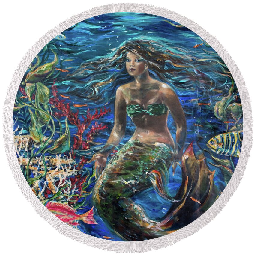 Mermaid Round Beach Towel featuring the painting Close to the Surface by Linda Olsen