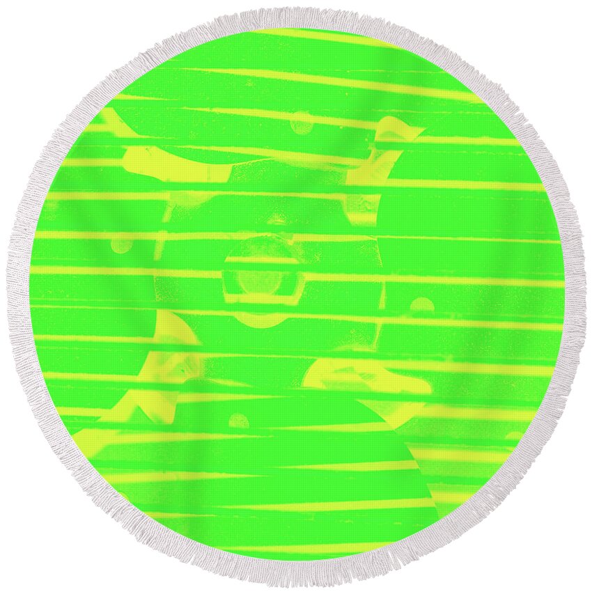 Fan Round Beach Towel featuring the photograph Close up of Old Fan Green and Yellow Gradient by Ali Baucom