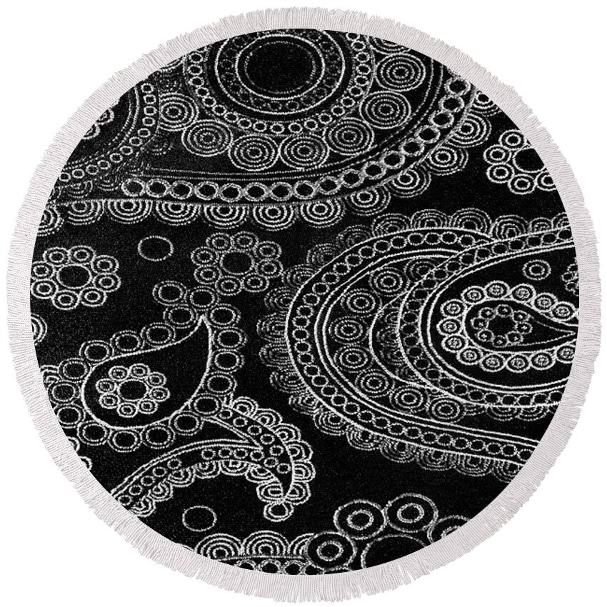 Background Round Beach Towel featuring the photograph Close Up Of The Black Floral Fabric by Severija Kirilovaite
