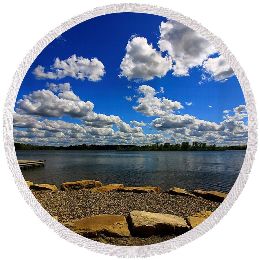 Landscape Round Beach Towel featuring the photograph Cloud Parade by Mary Walchuck