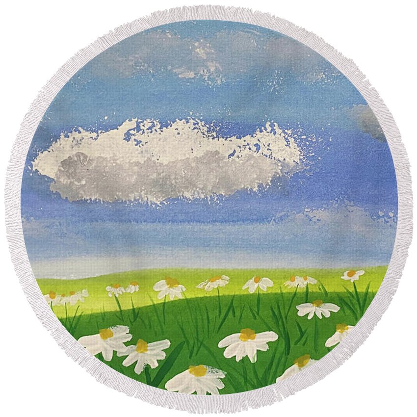 Daisies Round Beach Towel featuring the mixed media Clouds and Daises by Lisa Neuman