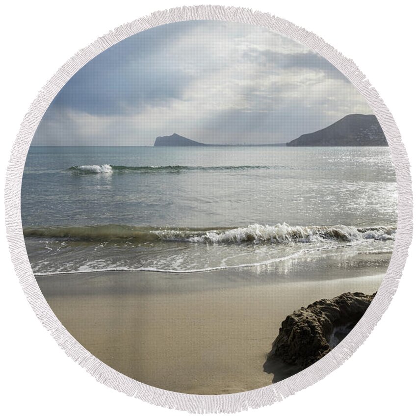 Sandy Beach Round Beach Towel featuring the photograph Clouds, light and view of the Mediterranean Sea by Adriana Mueller