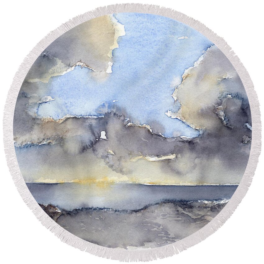 Watercolor Round Beach Towel featuring the painting Clouds over the sea 3 by Adriana Mueller