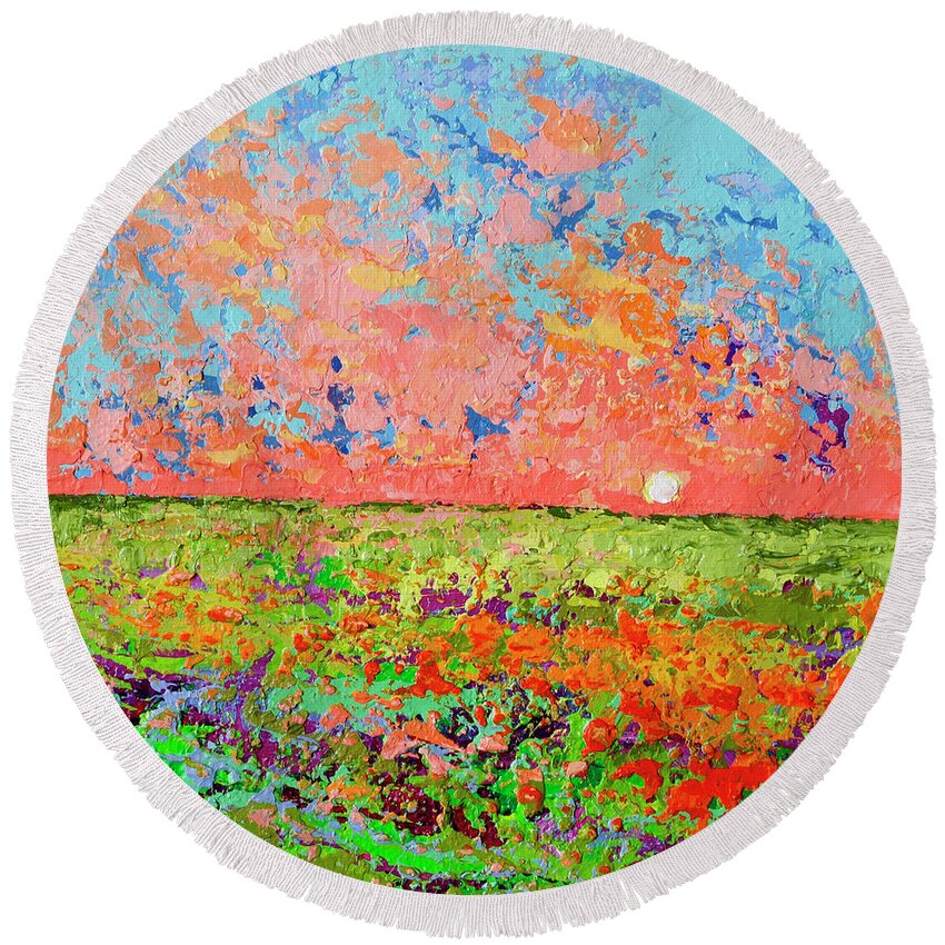 Bed Of Blooms Round Beach Towel featuring the painting Cloudscape Vanilla Sunset on a Bed of Blooms Painting by Patricia Awapara