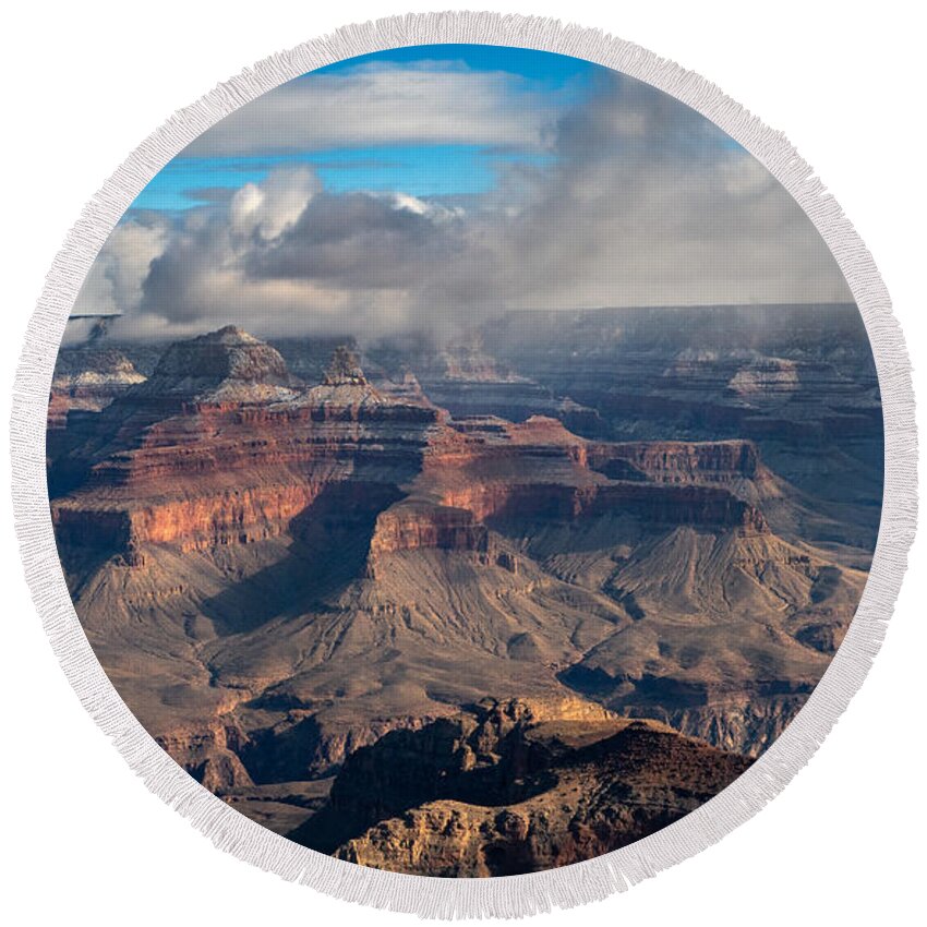 Grand Canyon Arizona Clouds Landscape Fstop101 Desert Cliffs Colorful Ancient Round Beach Towel featuring the photograph Cloudy Grand Canyon by Geno Lee