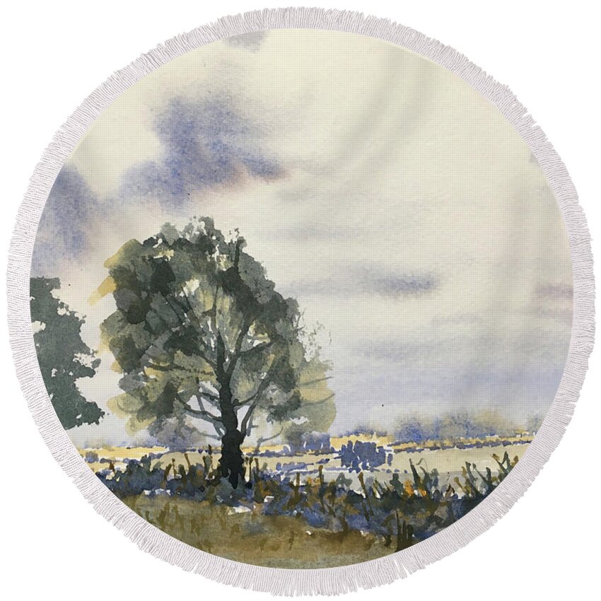 Watercolour Round Beach Towel featuring the painting Cloudy Sky over the Wolds by Glenn Marshall