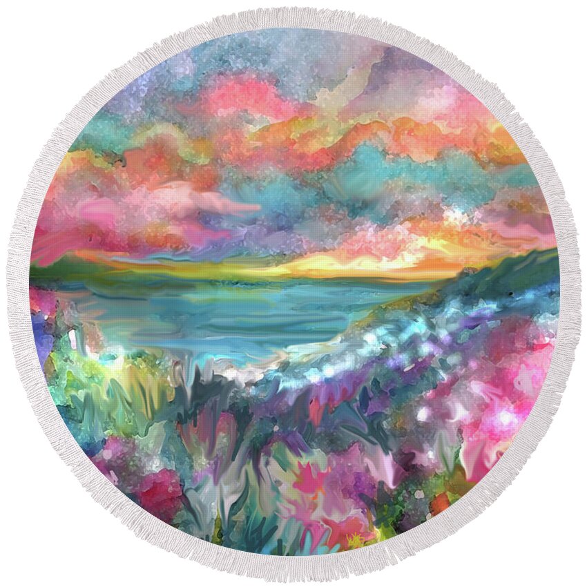 Colorful Coast Round Beach Towel featuring the painting Coastal Sunrise by Jean Batzell Fitzgerald
