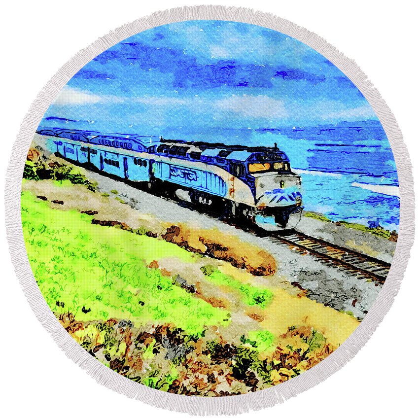 Train Round Beach Towel featuring the painting Coaster in Del Mar by Russ Harris