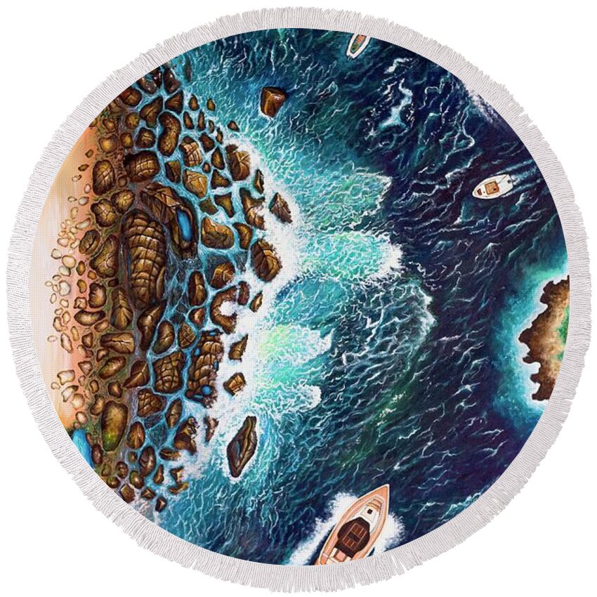 Seascape Round Beach Towel featuring the painting Coastlines at a glance by Sudakshina Bhattacharya