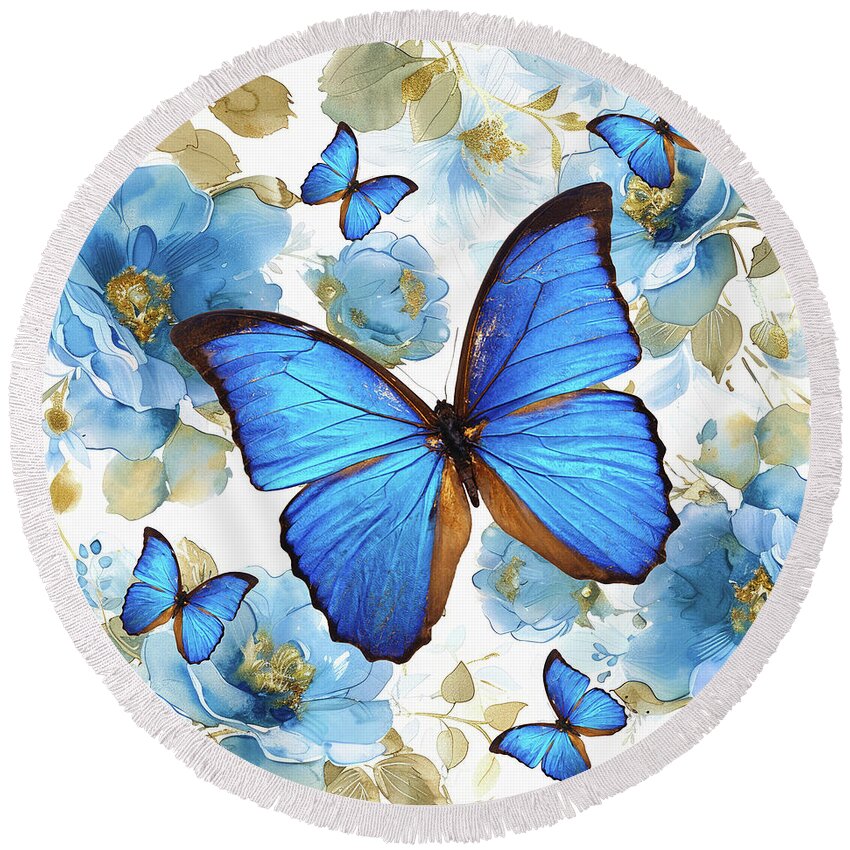 Butterflies Round Beach Towel featuring the painting Cobalt Blue Butterflies 2 by Tina LeCour