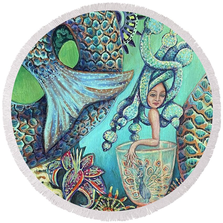 Underwater Round Beach Towel featuring the painting Cocktails Under the Waves by Linda Markwardt