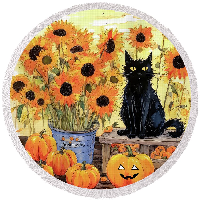 Cat Round Beach Towel featuring the painting Coco At The Farm Stand by Tina LeCour