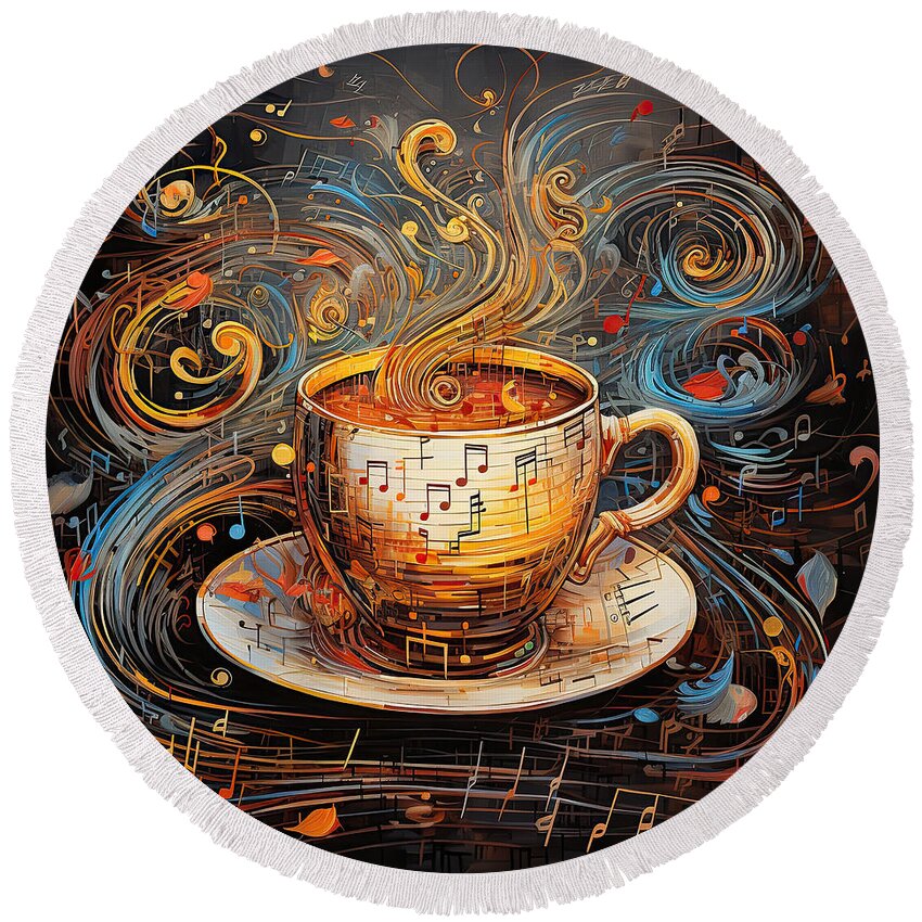 Coffee Round Beach Towel featuring the digital art Coffee And Music by Lourry Legarde
