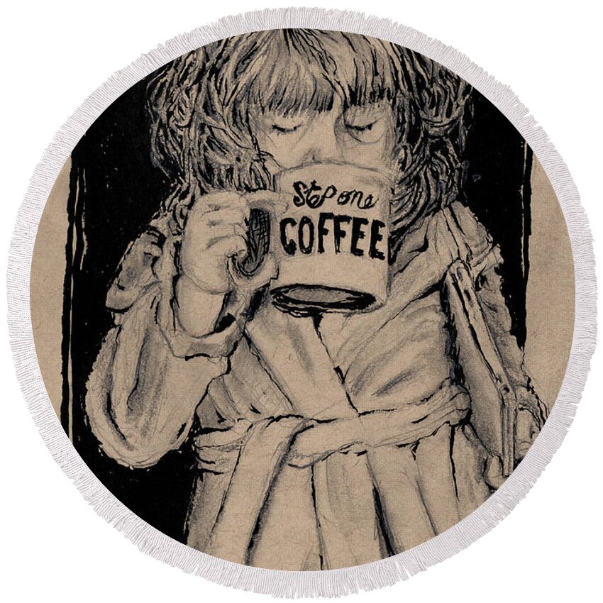 Coffee Round Beach Towel featuring the drawing Coffee Girl by Marnie Clark