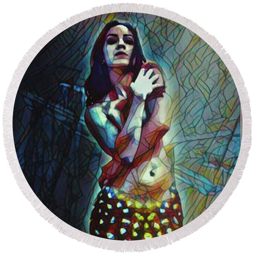 Dark Round Beach Towel featuring the digital art Cold Depths Stained Glass by Recreating Creation