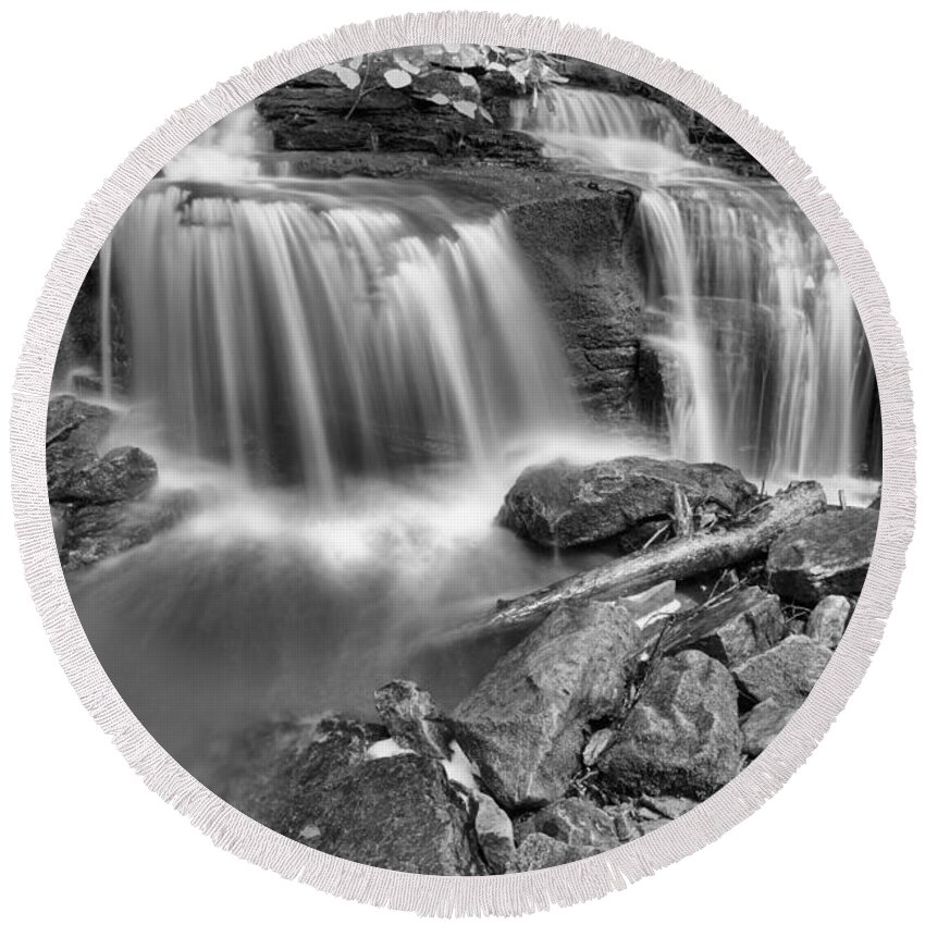 Cole Round Beach Towel featuring the photograph COle Run Falls Spring Portrait Black And White by Adam Jewell