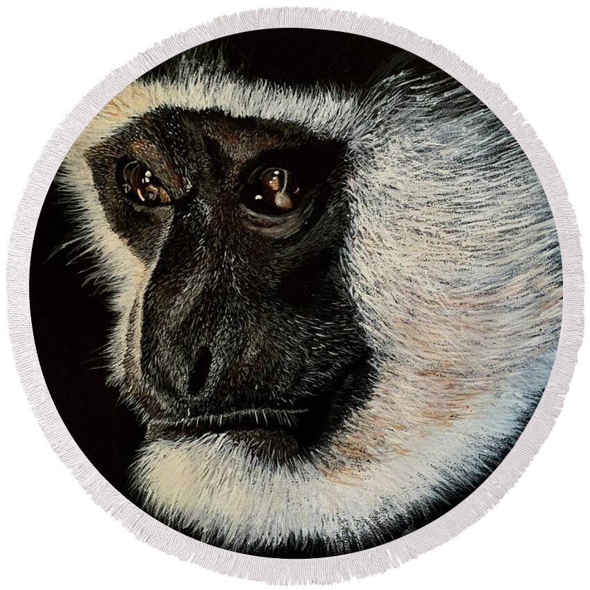  Round Beach Towel featuring the painting Colobus Monkey Acrylic Painting on A3 black art card by Moospeed Art