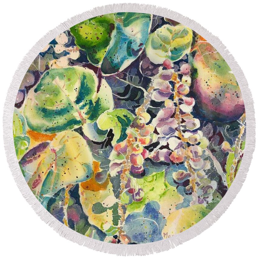 Sea Grapes Round Beach Towel featuring the painting Color in Motion by Mary Haley-Rocks