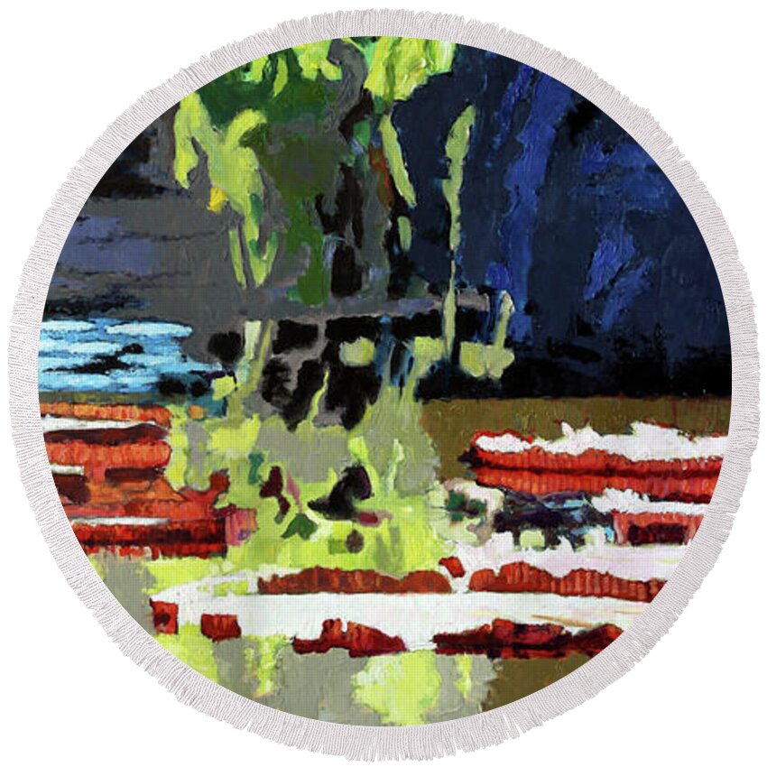 Garden Pond Round Beach Towel featuring the painting Color Patterns on Lily Pond by John Lautermilch