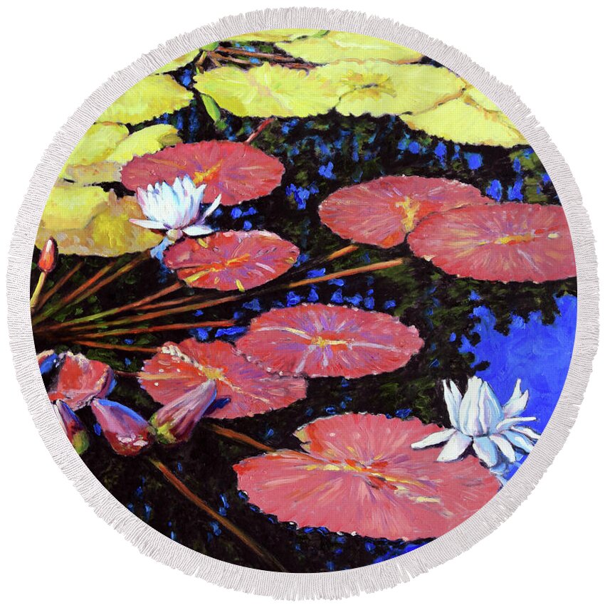 Water Lilies Round Beach Towel featuring the painting Color Transition by John Lautermilch