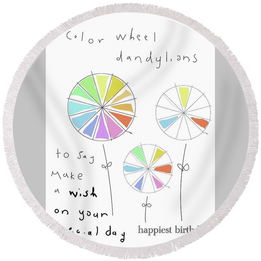 Birthday Round Beach Towel featuring the digital art Color Wheel Dandelions by Ashley Rice