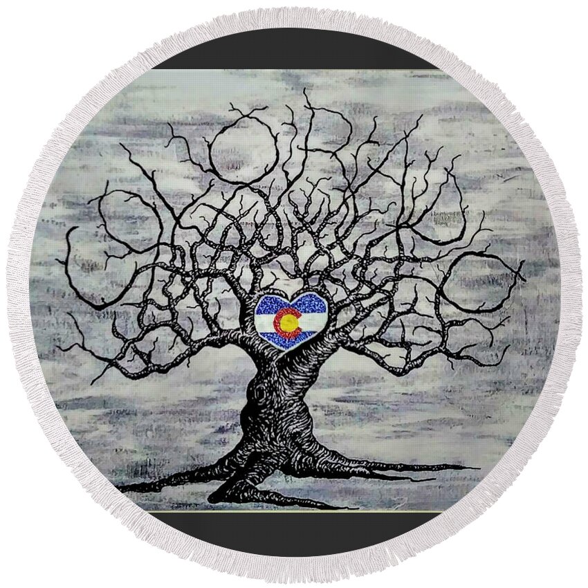 Colorado Round Beach Towel featuring the drawing Colorado b/w with Flag by Aaron Bombalicki