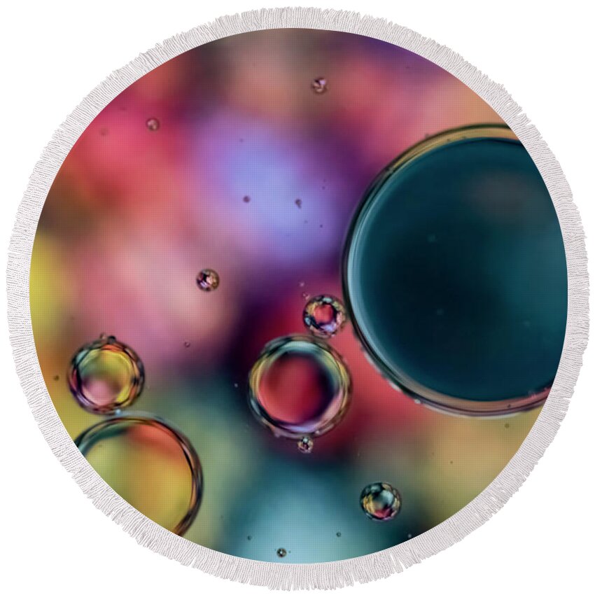Oil Round Beach Towel featuring the photograph Colorful Bubbles by Cathy Kovarik