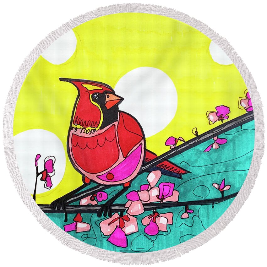 American Cardinal Round Beach Towel featuring the drawing Colorful Cardinal by Creative Spirit
