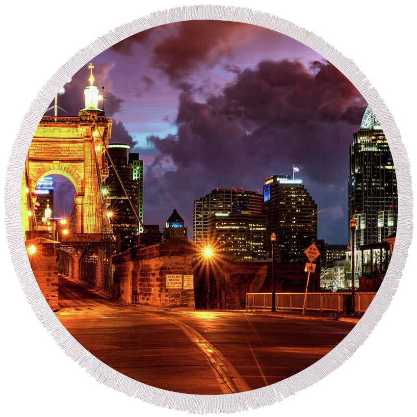Roebling Bridge Round Beach Towel featuring the photograph Colorful Cincinnati Skyline at Dawn by Gregory Ballos