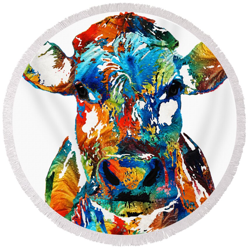 Bull Round Beach Towel featuring the painting Colorful Cow Art - Mootown - By Sharon Cummings by Sharon Cummings