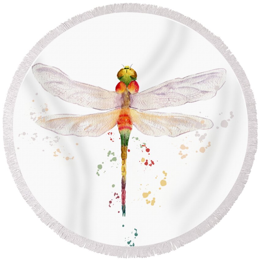 Colorful Dragonfly Round Beach Towel featuring the painting Colorful Dragonfly by Melly Terpening