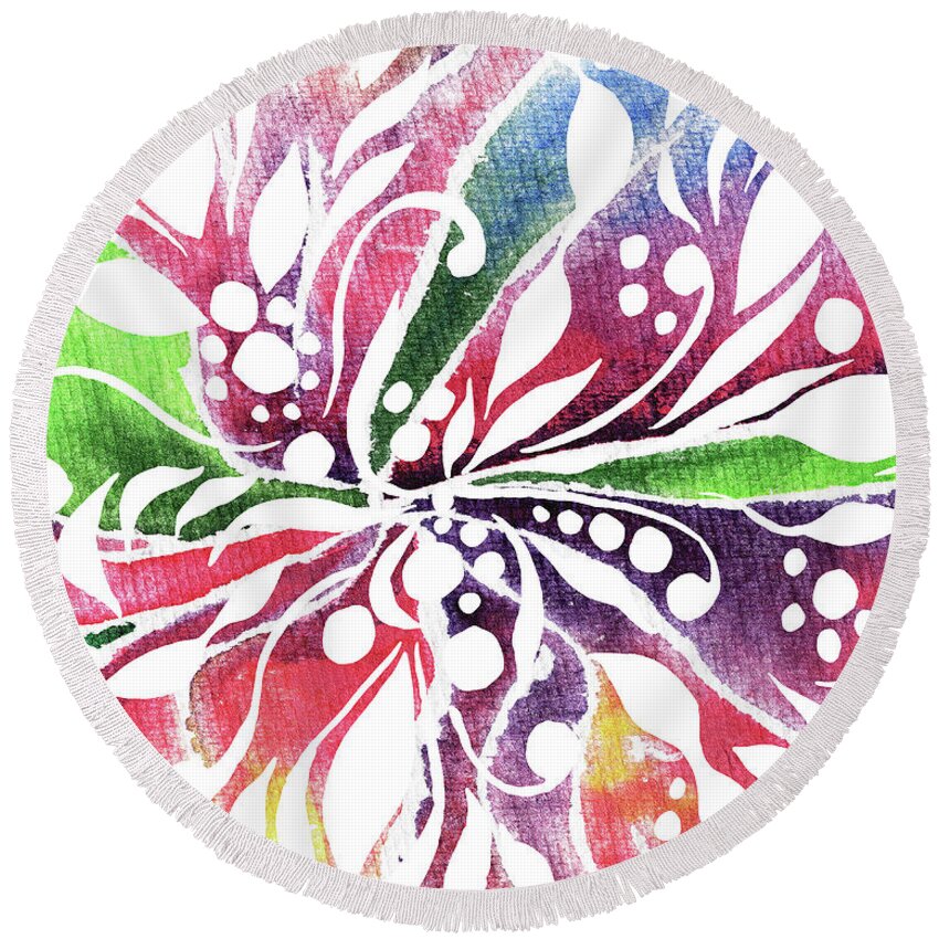 Floral Pattern Round Beach Towel featuring the painting Colorful Floral Design With Leaves Berries Flowers Pattern V by Irina Sztukowski