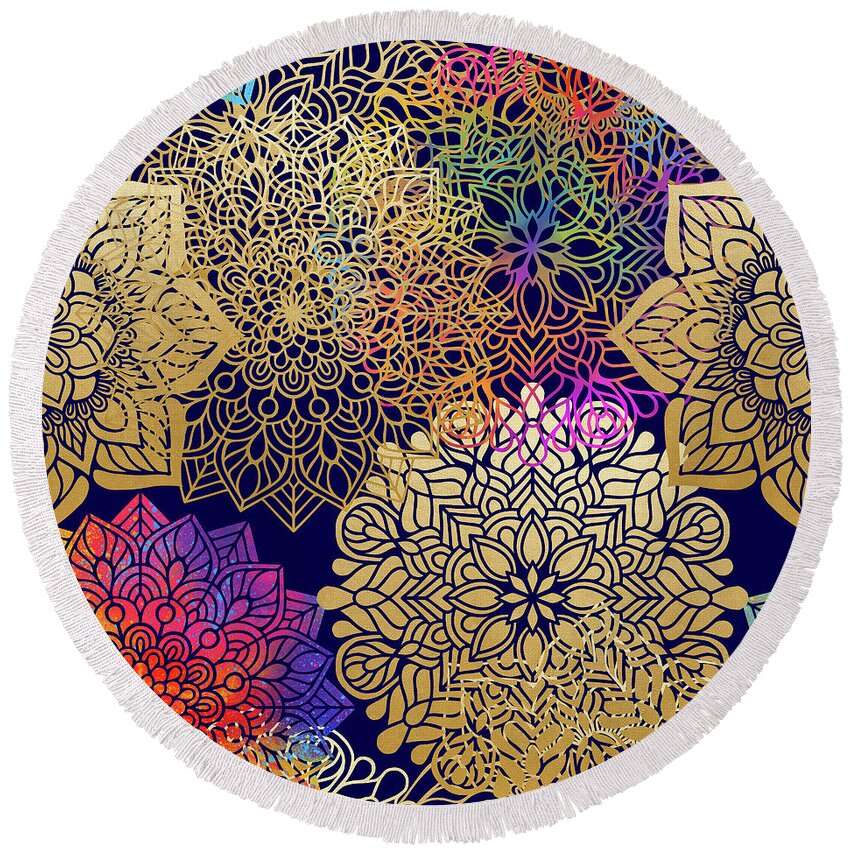 Mandala Round Beach Towel featuring the digital art Colorful Gold Mandala Pattern In Dark Background by Sambel Pedes