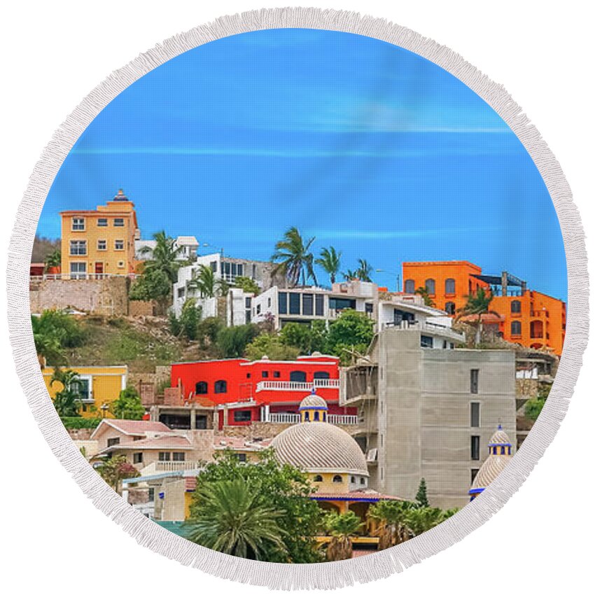 Architecture Round Beach Towel featuring the photograph Colorful Hilltop Condos by Darryl Brooks