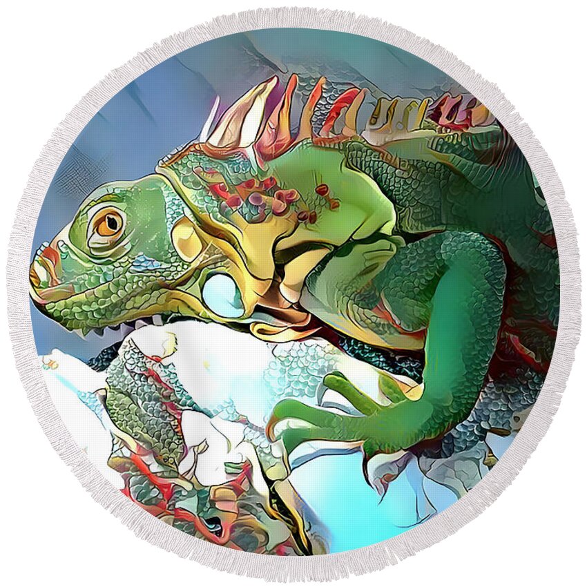 Iguana Round Beach Towel featuring the mixed media Colorful Iguana by Debra Kewley