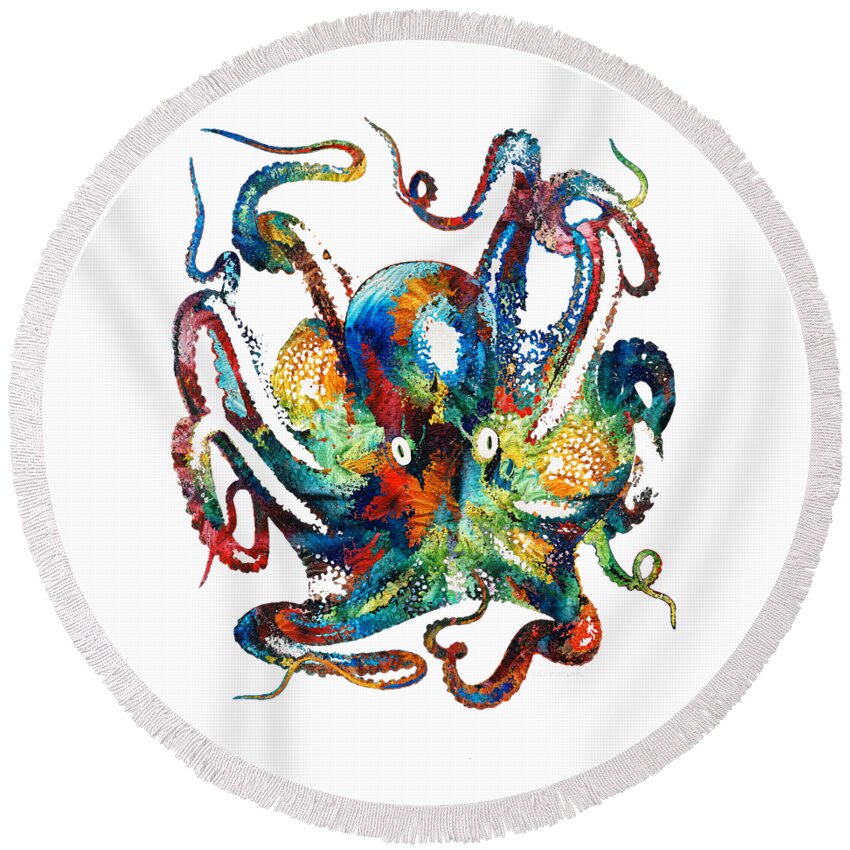 Octopus Round Beach Towel featuring the painting Colorful Octopus Art by Sharon Cummings by Sharon Cummings