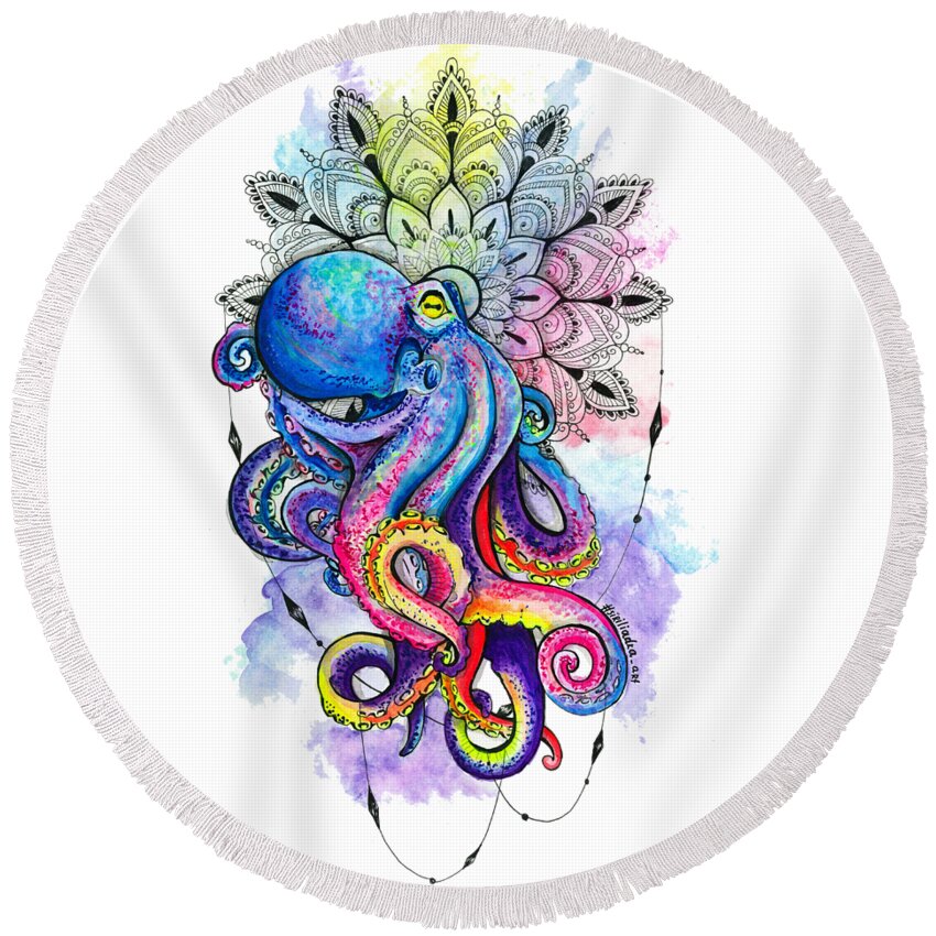 Colorful Octopus Watercolor Round Beach Towel Colorful Octopus Watercolor Round Beach Towel