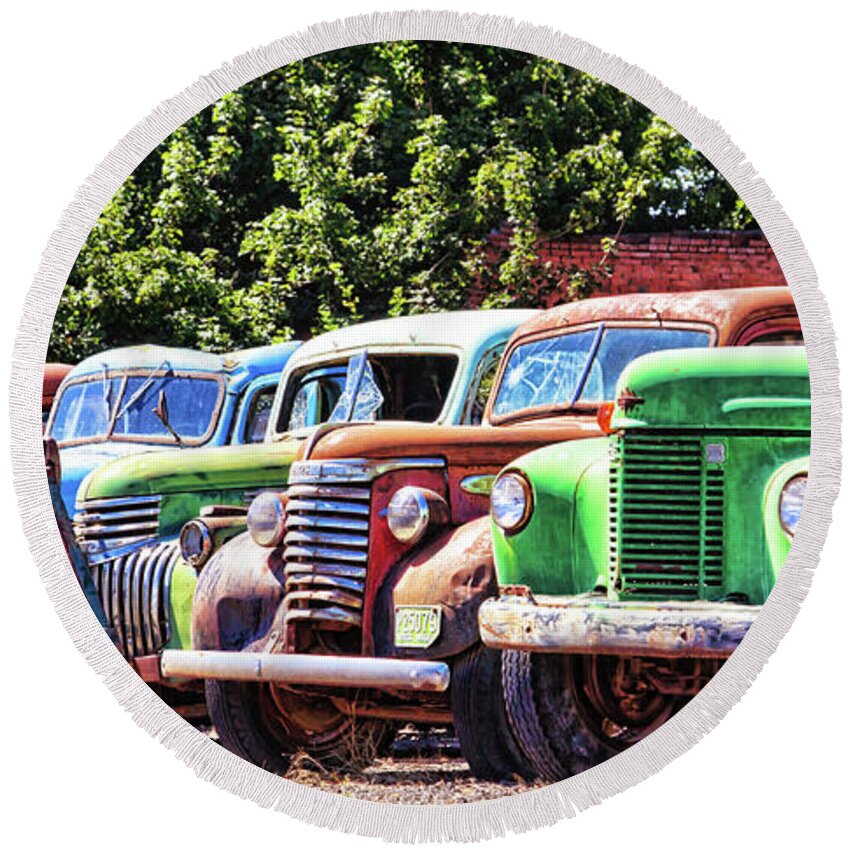 Vintage Trucks Round Beach Towel featuring the photograph Colorful old rusty cars by Tatiana Travelways