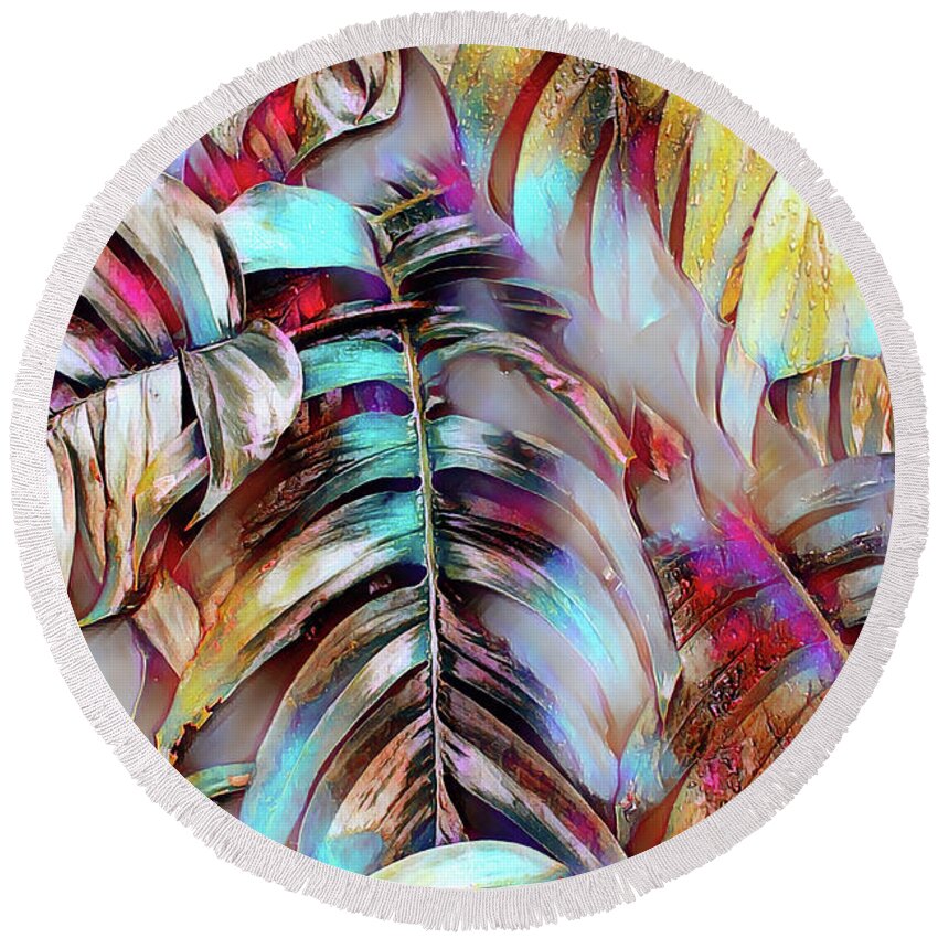 Palm Round Beach Towel featuring the painting Colorful palm leaves abstract by Patricia Piotrak