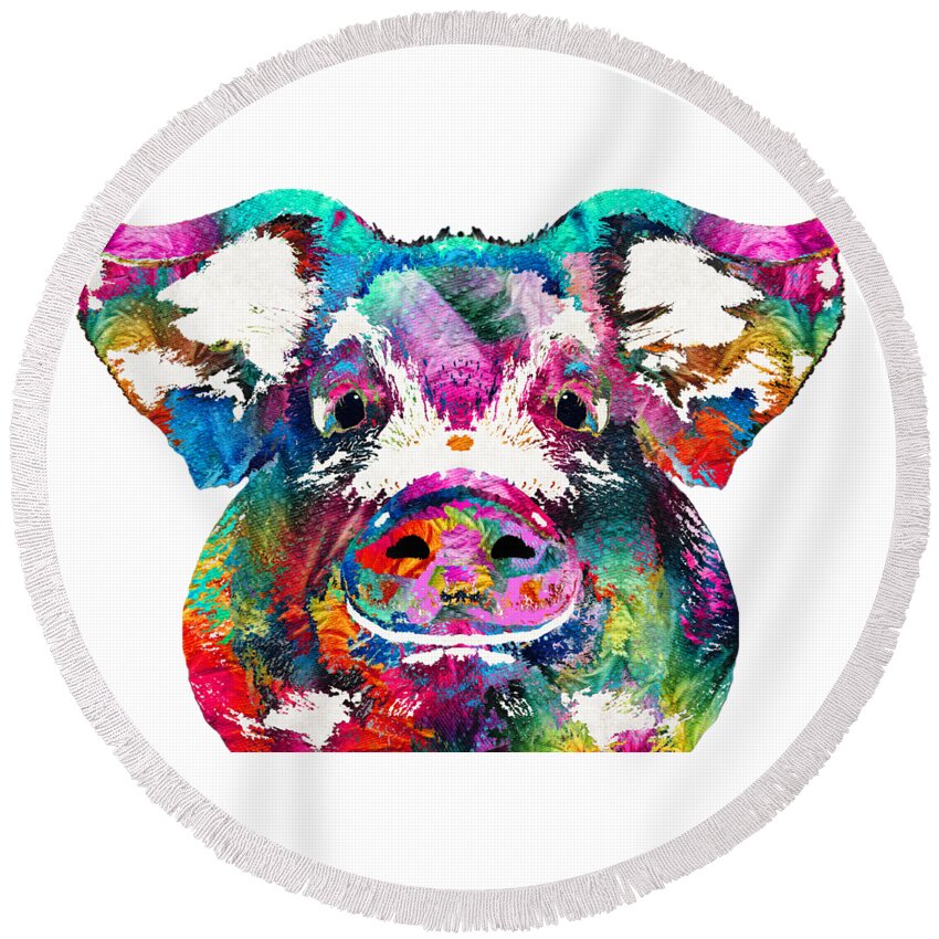 Pig Round Beach Towel featuring the painting Colorful Pig Art - Squeal Appeal - By Sharon Cummings by Sharon Cummings