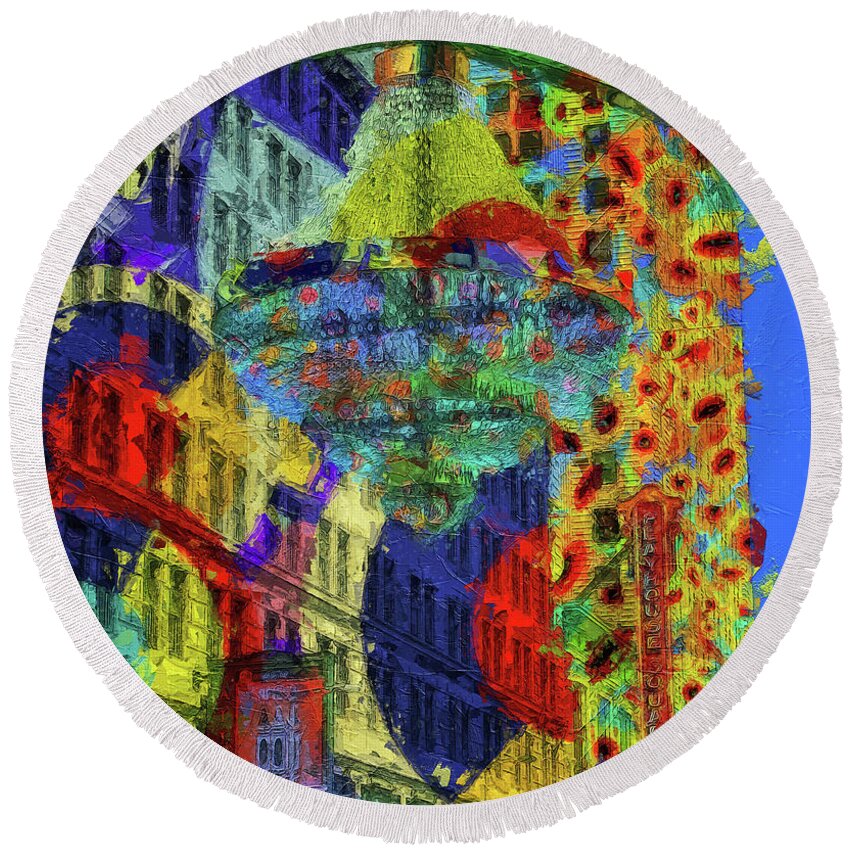 Colorful Playhouse Square Round Beach Towel featuring the painting Colorful Playhouse Square by Dan Sproul