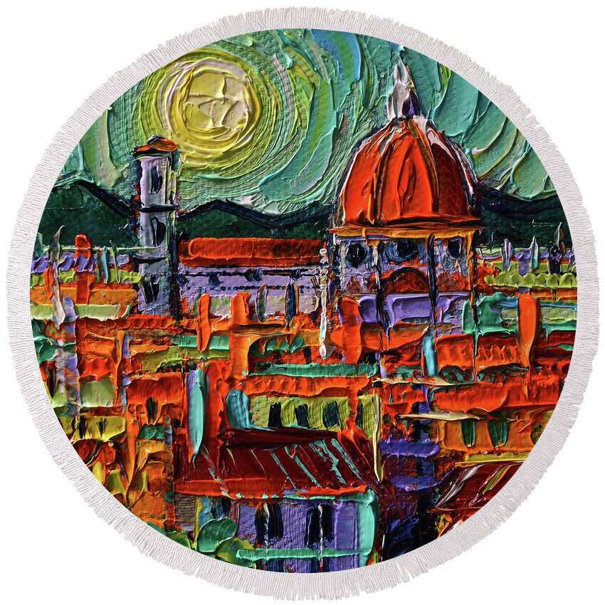 Colorful Rooftops Of Firenze Round Beach Towel featuring the painting COLORFUL ROOFTOPS OF FIRENZE miniature oil painting on 3D canvas Mona Edulesco by Mona Edulesco