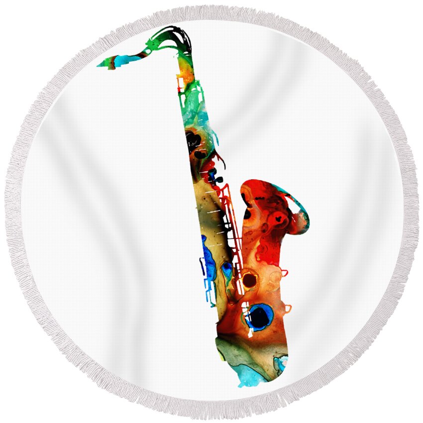 Saxophone Round Beach Towel featuring the painting Colorful Saxophone by Sharon Cummings by Sharon Cummings