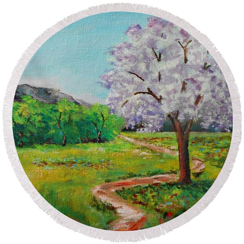Landscapes Round Beach Towel featuring the painting Colors Of Spring In Arcadia by Konstantinos Charalampopoulos