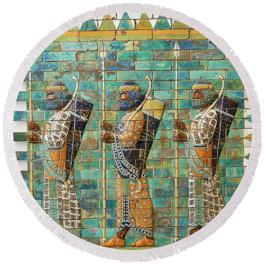 Soldiers Round Beach Towel featuring the photograph Coloured glazed terracotta brick panels of archers - C 510 BC - Pergamon Museum, Berlin #2 by Paul E Williams